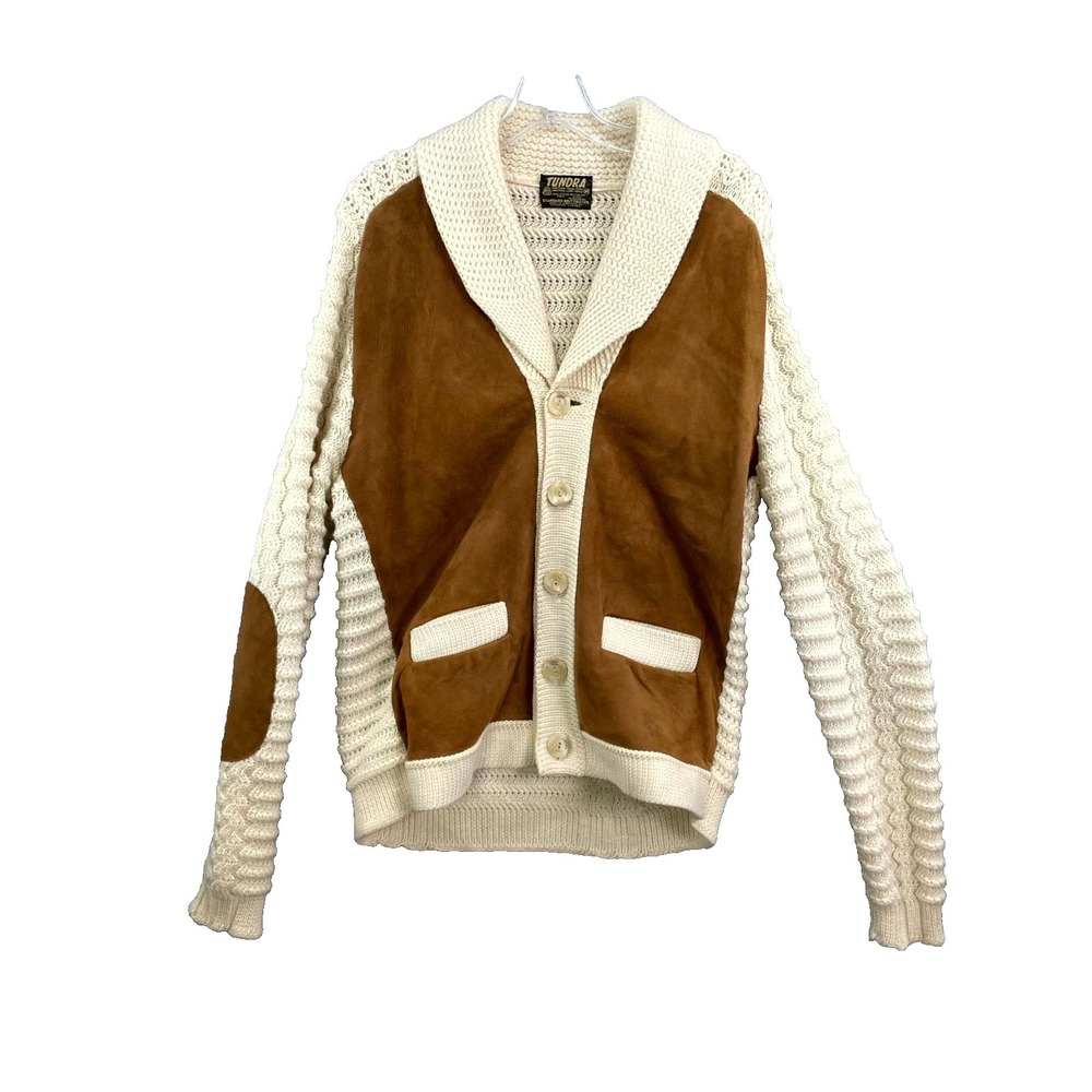 VTG‎ Tundra Cardigan Sweater Mens Medium Virgin Wool Suede Leather Shawl Collar